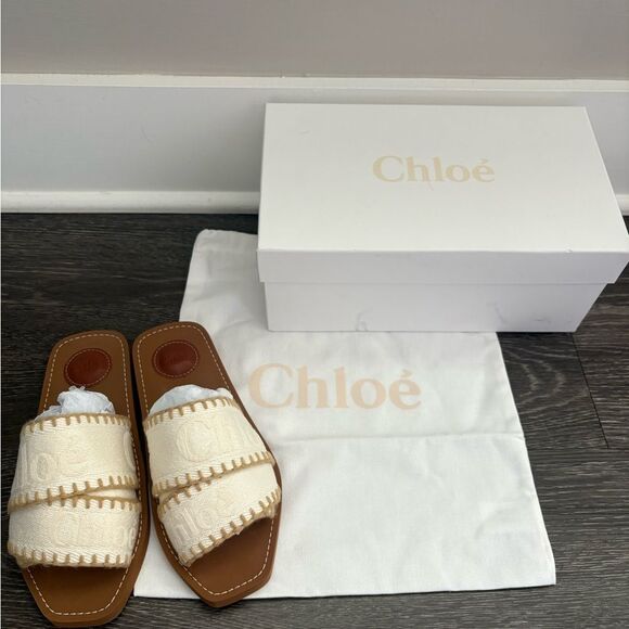 NIB Chloé X High Summer Woody Linen Logo Whipstitch Sandals Vanilla Ice 37 (7) - Picture 7 of 15